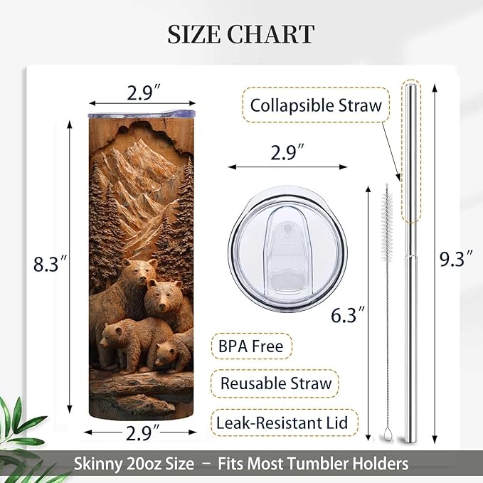 Firmiso 20 oz Tumbler｜Skinny Insulated Travel Mug｜Bear Family Mountain Forest Stainless Steel Cup with Lid and Telescopic Straw｜Rustic Wildlife Drinkware｜Outdoor Gift Idea for Men