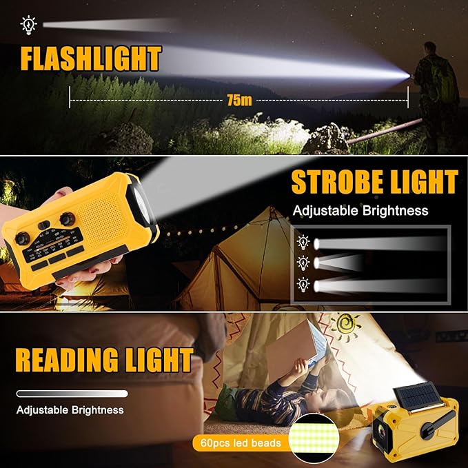 Emergency Hand Crank Radio with LED Flashlight, AM/FM NOAA Portable Weather Alert Radio, Solar Powered Radio with Phone Charger, USB Charged, Headphone Jack, SOS Alarm, Compass for Outdoors Yellow
