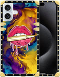 Compatible with iPhone 16 Case, Cool Corlorful Lip Marble Luxury Golden Decoration for Girl Women Soft TPU Shockproof Protective Hard PC Back for iPhone 16