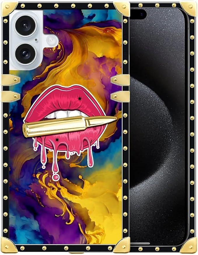 Compatible with iPhone 16 Case, Cool Corlorful Lip Marble Luxury Golden Decoration for Girl Women Soft TPU Shockproof Protective Hard PC Back for iPhone 16