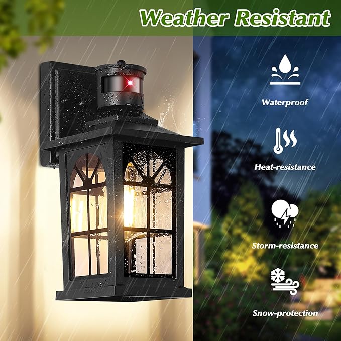 Motion Sensor Outdoor Light Fixture, Dusk to Dawn Porch Light Outdoor Wall Sconce Lantern, Aluminum Exterior Lighting Fixture Wall Mount, 3 Lighting Modes Outside Lights for House Front Door Garage