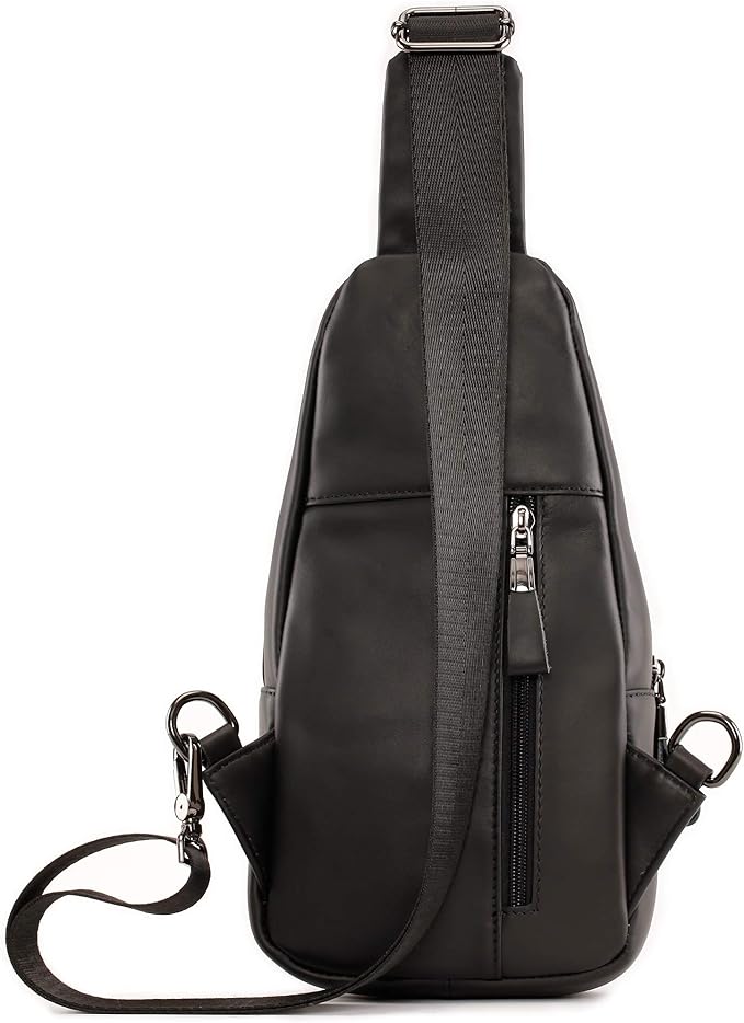 Hebetag Leather Sling Bag Hiking Daypack for Men Women Outdoor Travel Camping Fishing Crossbody Shoulder Chest Pack Daypack Small Black