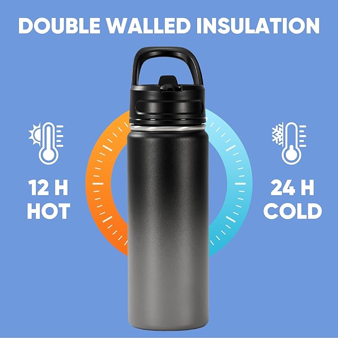 Fijinhom 18oz Insulated Stainless Steel Water Bottle with Straws, Double Wall Vacuum Insulated Bottles, Metal Thermo for Travel, Sports, Leak-Proof, BPA Free, Women & Men, Grey Gradient