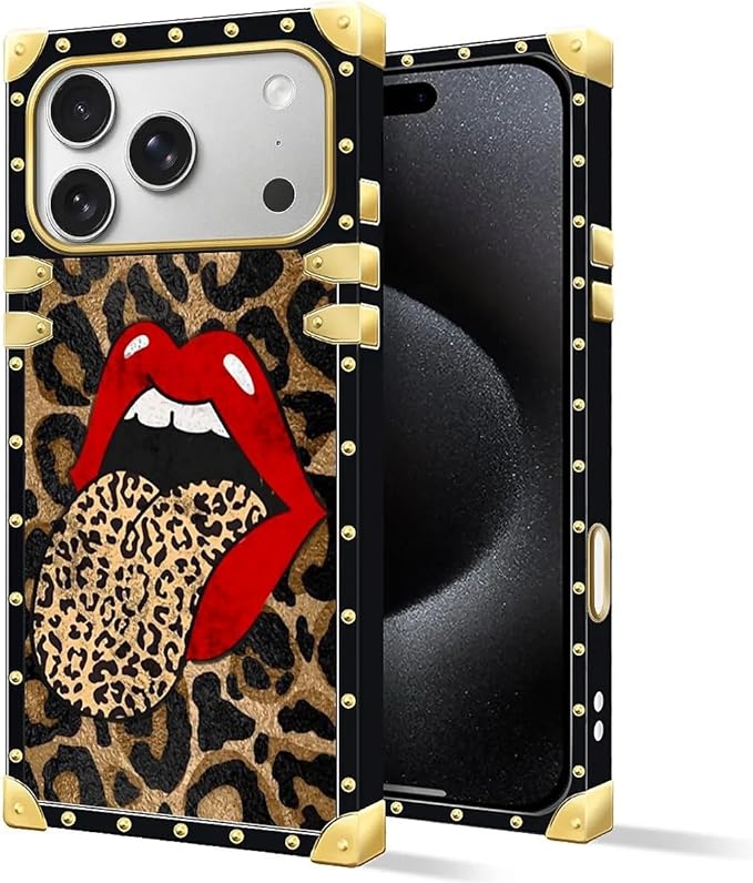 for iPhone 17 Pro Max Case Luxury Golden Decoration for Girl Women Soft TPU Shockproof Protective Hard PC Back for iPhone 17 Pro Max Crazy Pattern Brown Leopard Print Mouth