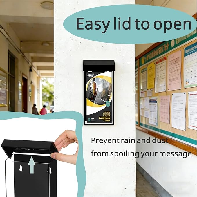 Outdoor Brochure Holder,Pamphlet Holder Wall Mount Waterproof,Clear Acrylic Literature Box with Lid,4x9 Inch,Outdoor Business Card Holder for Flyer Map Menu (Black)