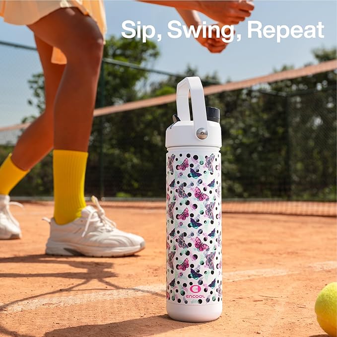 ENCOOL Insulated Water Bottle with Straw Stainless Steel Water Bottle, Glow in the Dark, Leak-Proof, BPA-Free, Keeps Cold for 24 Hours for Sports, Travel, School (26 oz, White Butterfly)