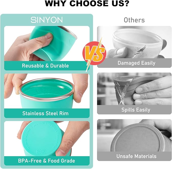 Collapsible Travel Cup, BPA-Free Reusable Water Cup, Lightweight Drinking Cups with Lids and Carrying Strap, Dishwasher Safe Silicone Cups for Camping, Travel, Airports, Hotel (Turquoise)