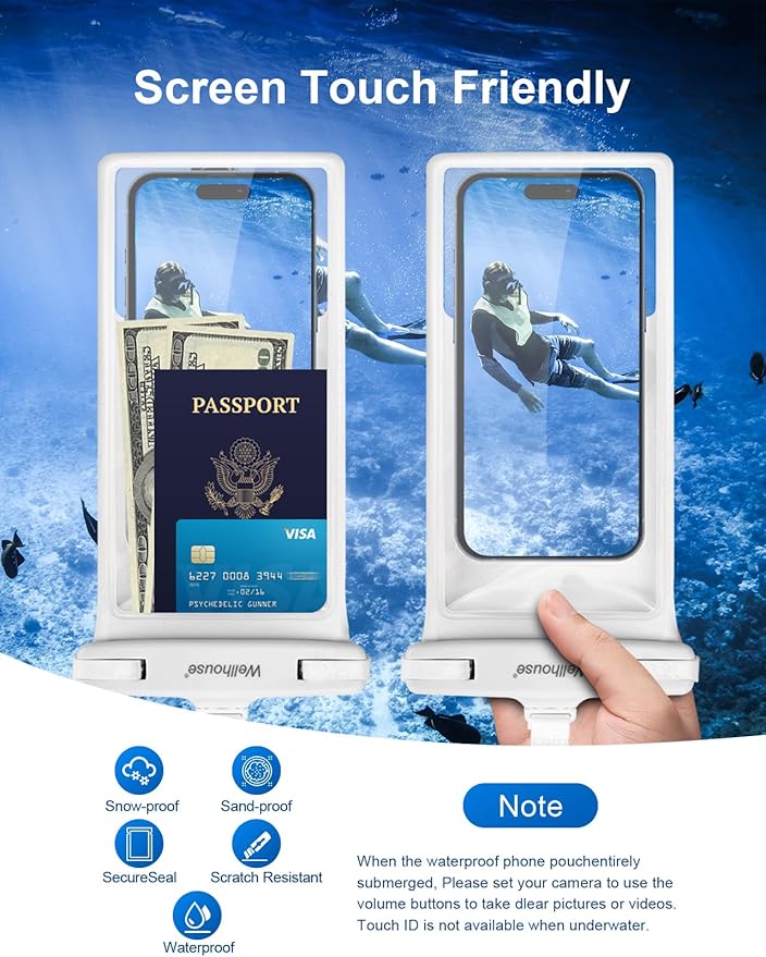 wellhouse Waterproof Phone Pouch, Waterproof Phone Case for iPhone 17 16 15 14 13 Pro Max XS Samsung, IPX8 3D Cellphone Dry Bag Beach Essentials (1 Pack - White8.0, 8 inch)