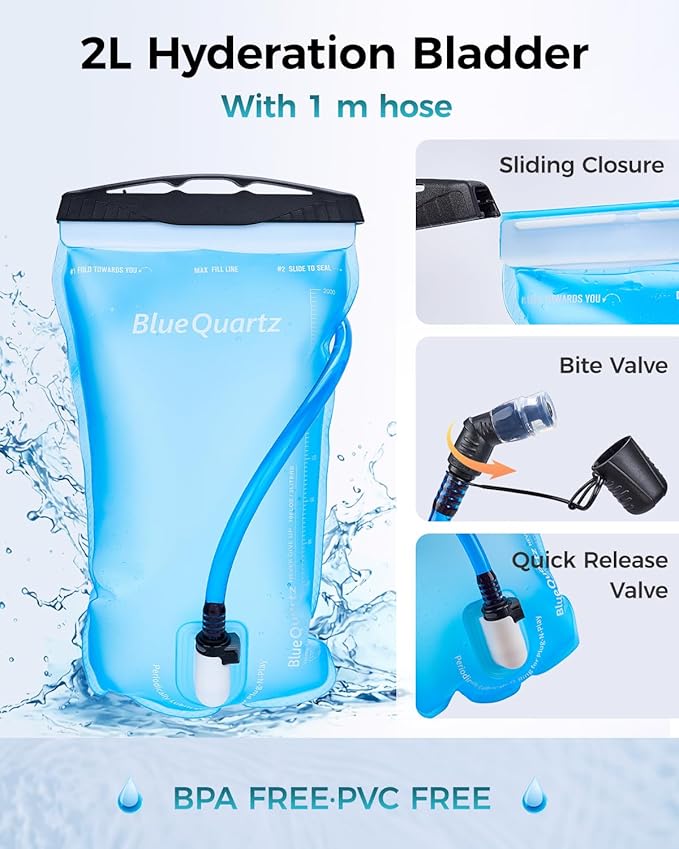 Blue Quartz Hydration Backpack with 2L Water Bladder, Hiking Water Backpack for Women Men, Lightweight Cycling Daypack with Phone Pocket & Helmet Net Bag, Hydration Pack for Biking, Running, Skiing