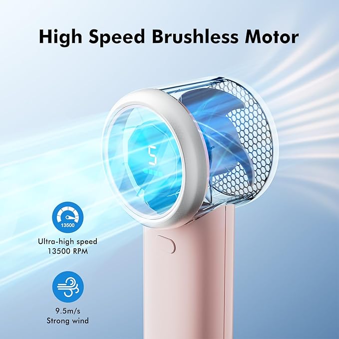 WHATOOK Portable Handheld Turbo Fan, 5 Speeds Mini Personal Fan with 4000mAh Rechargeable Battery, Small Pocket Fan for Travel Essentials, Beach, Office, Gifts for Women Men - Baby Pink