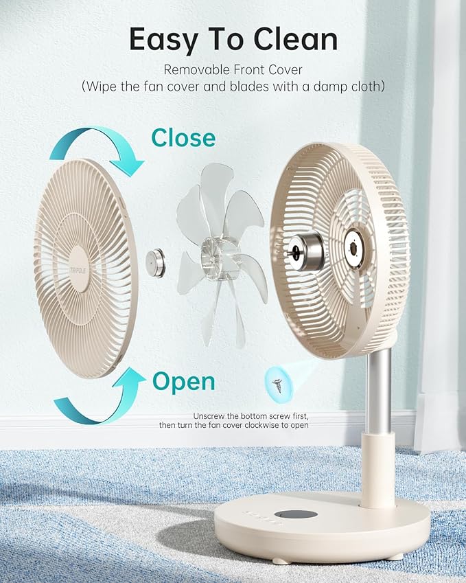TriPole Foldable Standing Fan 12" Portable Rechargeable Battery Pedestal Fan with Remote, Timer Setting, Height Adjustable, for Home Office, 6 Speed, 12000mAh (Beige)
