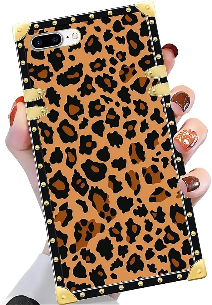 Compatible with iPhone 8 7 SE Case, Brown Leopard Texture Luxury Golden Decoration for Girl Women Soft TPU Shockproof Protective Hard PC Back for iPhone 8 7 SE