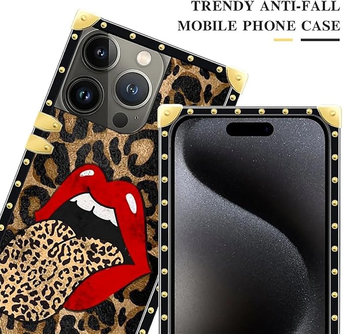 Compatible with iPhone 16 Pro Case, Brown Leopard Print Mouth Luxury Golden Decoration for Girl Women Soft TPU Shockproof Protective Hard PC Back for iPhone 16 Pro