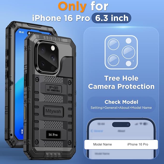 Mitywah Waterproof Case for iPhone 16 Pro, Shockproof Heavy Duty Case with Built-in Screen Protector, Underwater Full Body Protective Metal Case 6.3 inch, Black