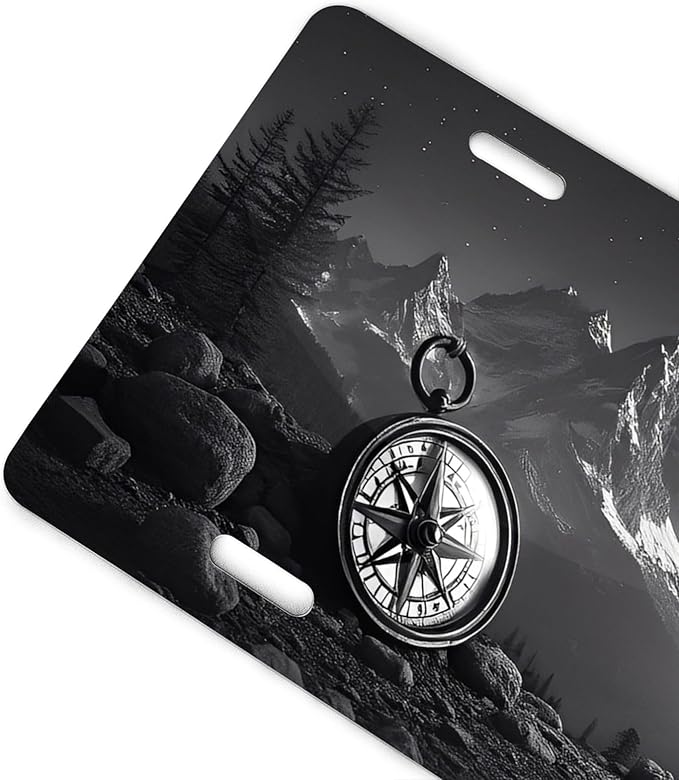 Mountain Compass License Plate Black White Adventure Design - Premium Aluminum 12x6 Waterproof Outdoor Hiking Car Decor Gift Vanity Plate - Flat Print