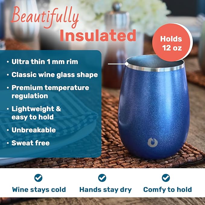 SNOWFOX Premium Vacuum Insulated Stainless Steel Grand Pinot Wine Glass, Chilled Wine Stays Icy Cold, Stemless Cocktail Glasses, Elegant Home Entertaining, Classic Barware, 12oz, Natural Teak