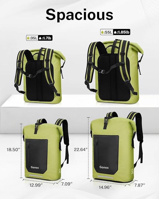 Gonex Ultralight Waterproof TPU Backpack, 55L Roll Top Dry Bag with Comfortable Padded Back Panel for Kayaking Boating Camping Fishing Travel,Green