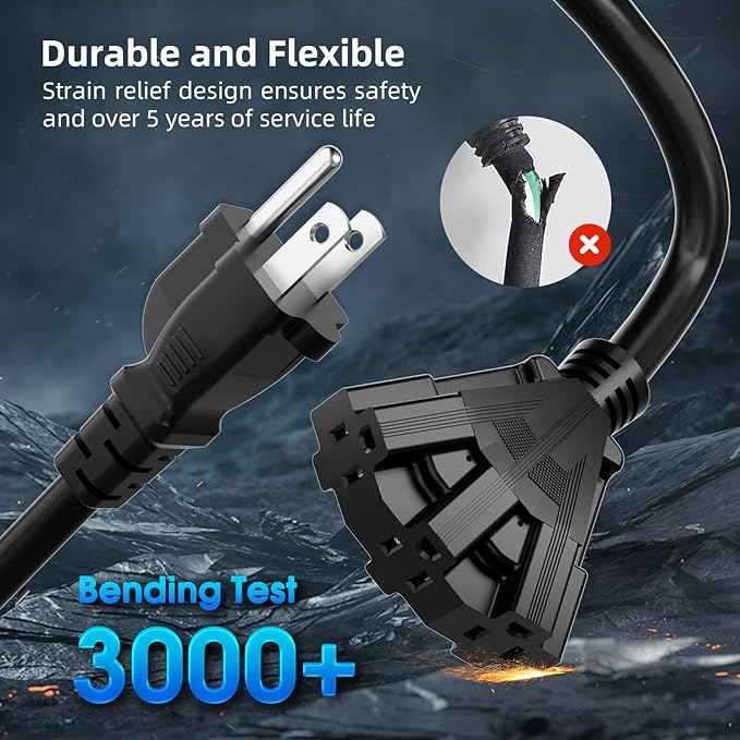 50 FT 3 Outlet Outdoor Extension Cord Waterproof, 16/3 SJTW Black Extension Cord with Multiple Outlets, Heavy Duty 16 Gauge 3-Prong Grounded Power Cable for Garden and Home Use, ETL Listed