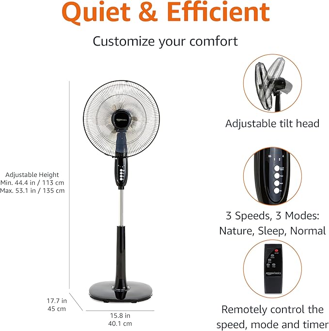 Amazon Basics 16" Pedestal Fan with Remote for Bedroom, Living Room, Office, Adjustable Height, Dual-Layered Blades, 3 Speeds, 3 Modes, Timer, Tilt Head, 60W, Black