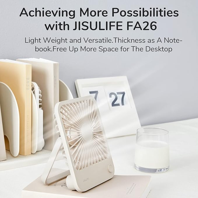 JISULIFE Desk Fan Battery Rechargeable, 4500mAh 180°Foldable Portable Personal Fan, 4 Speeds Adjustable Long Battery-life for Home Office Travel Outdoor Gifts for Women Men-Brown