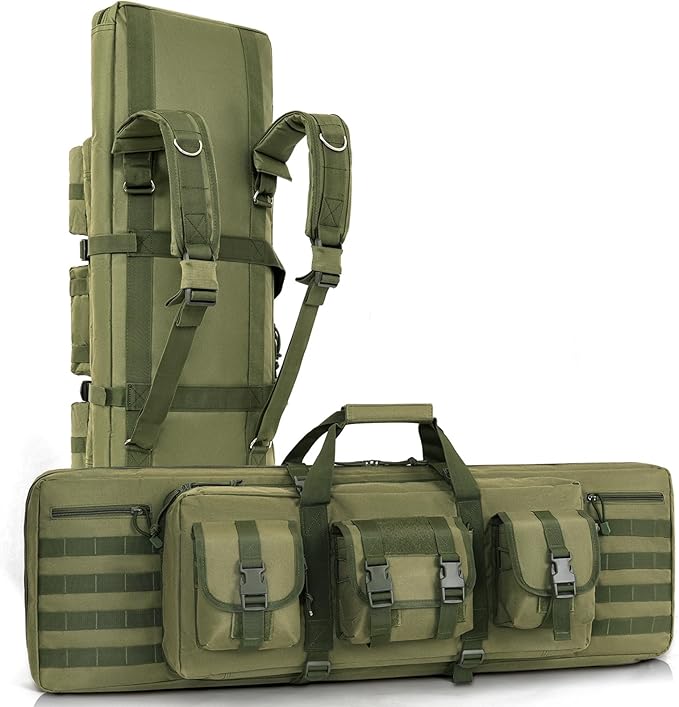 DULCE DOM 36 42 48 Inch Double Rifle Case, Tactical Soft Padded Backpack for Hunting & Shooting Range, Heavy-Duty Storage Gun Bag for 2 Rifles & Pistols with Lockable Zippers & MOLLE System