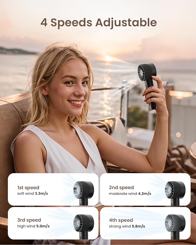 Portable Mini Handheld Turbo Fan, 4 Speed High Velocity Personal Cooling Device [Max 16H], Rechargeable Purse Travel Essential for Vacation/Beach/Trip - Black