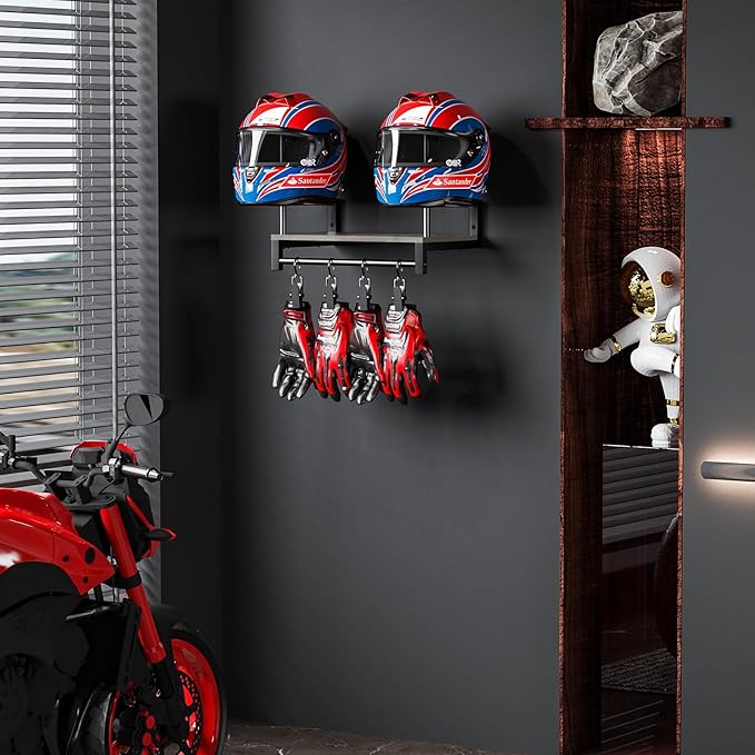Motorcycle Helmet Holder Wall Mount, Helmet Rack with 4 Glove Clips, Motorcycle Gear Rack Storage, Motorcycle Accessories Organizer for Entryway or Garage