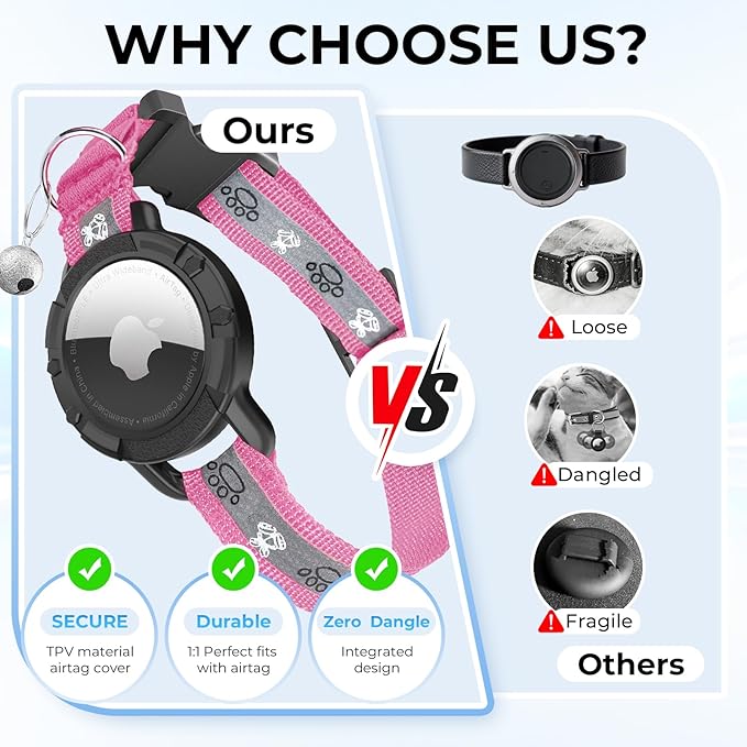 Breakaway AirTag Cat Collar, Reflective Cat Tracker Collar with Air Tag Holder and Bell, Safety Elastic Band Cat GPS Collars for Girl Boy Cats, Kittens and Puppies (Hotpink, 8-13'')