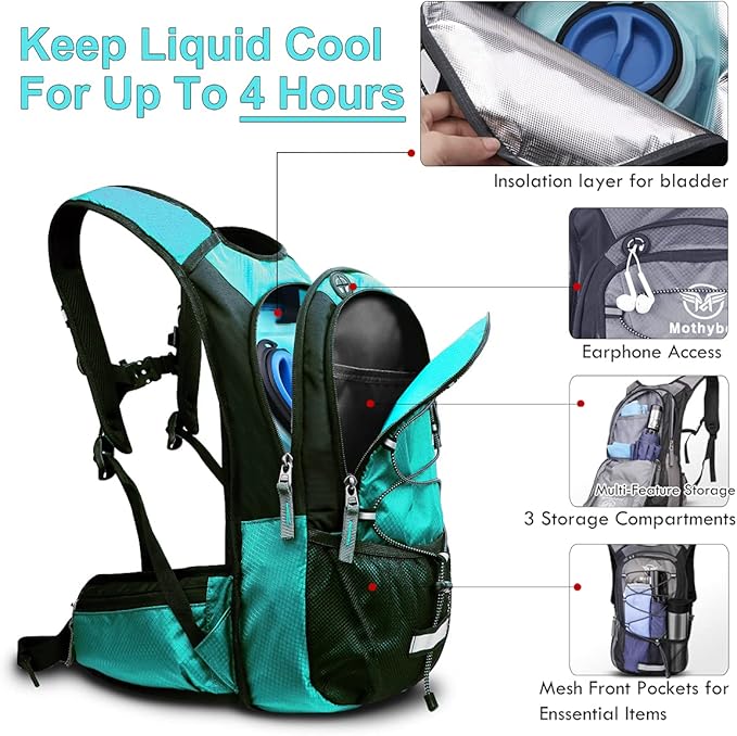 Mothybot Insulated Hydration Backpack Pack with 3L BPA Free Leak Proof Water Bladder, Large Storage Lightweight Hiking Daypack with Waist Pouches & Cooler Layer, for Running, Biking, Camping, Festival