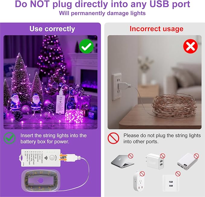 HXWEIYE Rechargeable Fairy Lights Battery Operated, DIY Timer & 8 Modes, 2 Pack 16FT 50LED Twinkle String Lights Indoor, Led mini Lights for Bedroom Wedding Dorm Christmas Tree Decor (Purple)
