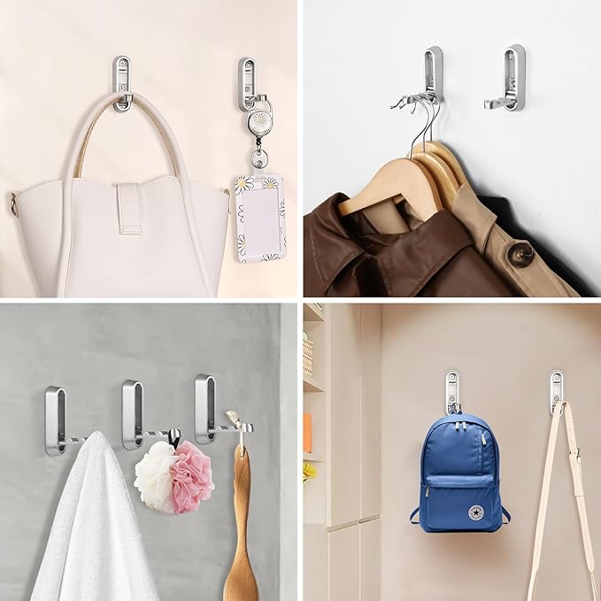 Dntorx Folding Coat Hooks, 2 Pcs Foldable Silver Wall Hooks Heavy Duty Foldable Hook Bathroom Towel Hooks Robe Hooks Wall Mounted for Hanging Coat Towels Clothes Hat Bags Keys