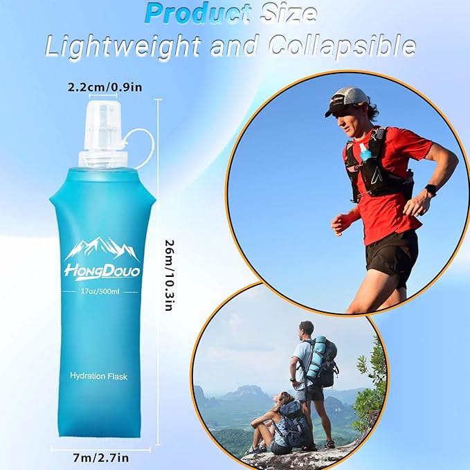 2 Packs Soft Flask, 17oz/500ml TPU Collapsible Soft Water Bottle for Hydration Pack, Running Vest, BPA-Free Folding Water Bottles for Hiking Cycling Climbing Running Outdoor Sports