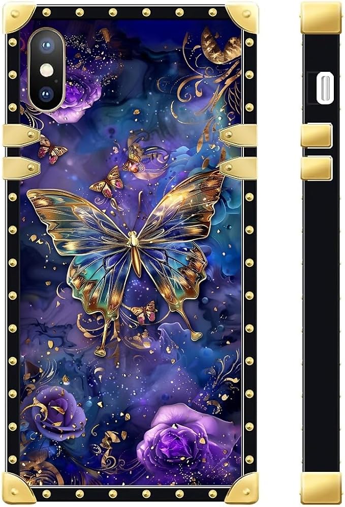Compatible with iPhone Xs Max Case, Glistening Golden Butterfly Vibrant Purple Blue Luxury Golden Decoration for Girl Women Soft TPU Shockproof Protective Hard PC Back