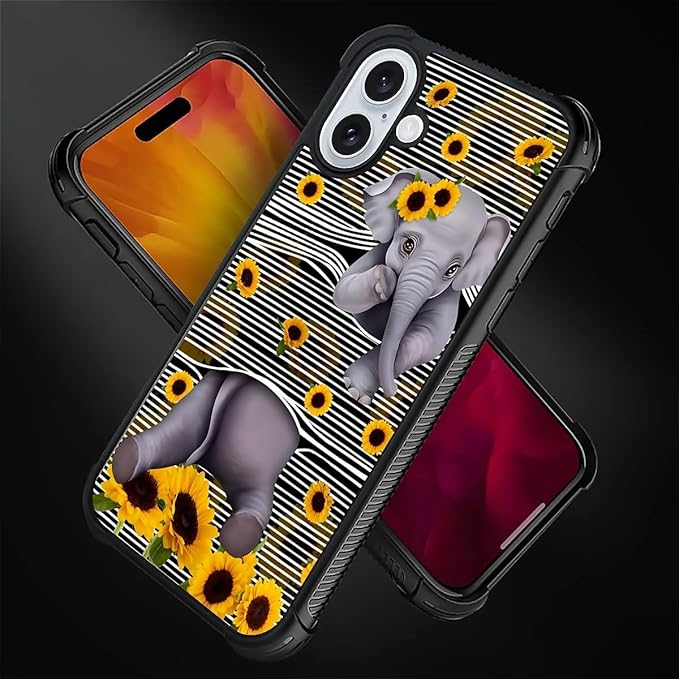 for iPhone 16 Case, Cute Little Elephant Sunflower White Line Art Pattern Graphic Design Girl Boy Soft Silicone Hard Acrylic Shock Protection for iPhone 16