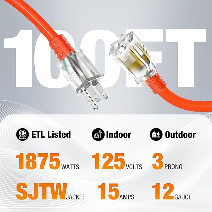 Outdoor Extension Cord 100 FT Waterproof, 12/3 Gauge Heavy Duty 3 Prong Power Cord with Lighted Indicator End, 15A 125V 1875W SJTW, ETL Listed, Great for Lawn/Garden/Home(Orange)