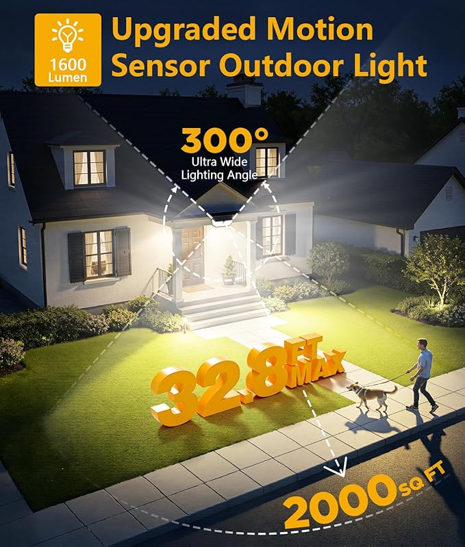 WdtPro Solar Lights Outdoor Waterproof, 300° Angle & 3 Lighting Modes Motion Sensor Outdoor Lights, Solar Security Flood Lights for Outside Fence Wall Yard Front Door Deck Garden Garage 2 Pack