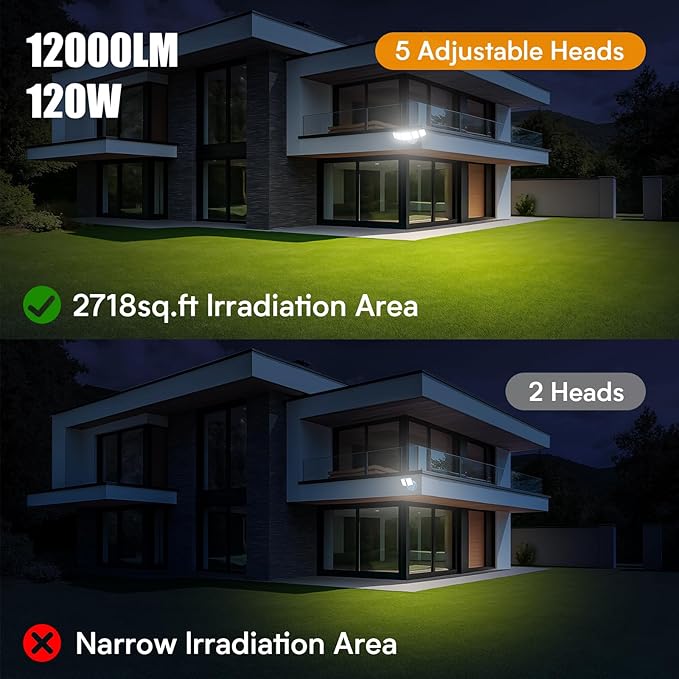 Onforu 120W 12000LM Dusk to Dawn Outdoor Lighting,5 Heads Flood Lights Outdoor,6500K Super Bright Automatic Outdoor Lighting,IP66 Waterproof Hardwired LED Security Lights for Garage,Yard,Outside