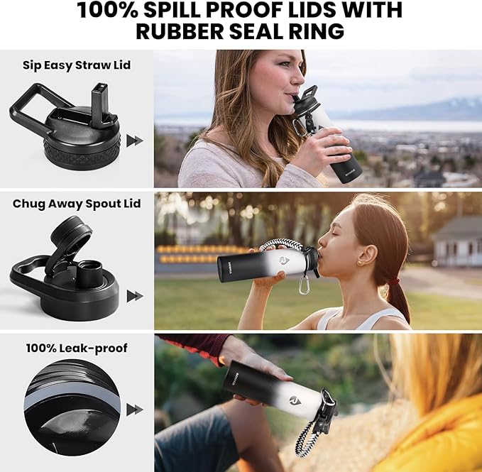 RAYMYLO Insulated Water Bottle 24oz, Triple Wall Vacuum Stainless Steel (Cold for 24Hrs, Hot for 12Hrs), Leak Proof & Non-BPA, 24oz Hydro Water Flask with Paracord Handle & Straw Spout Lids