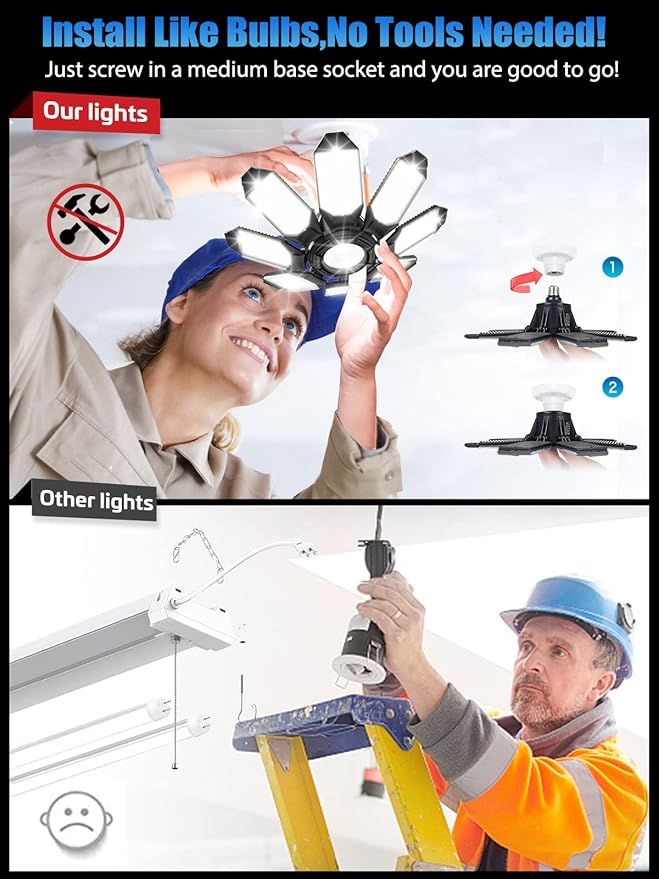 TANBABY 2 Pack LED Garage Lights, 260W Deformable Garage Light Bulb, Total 52000LM 6500K Daylight, 8+1 Adjustable Panels, E26/E27 Screw-in Ceiling Light for Basement