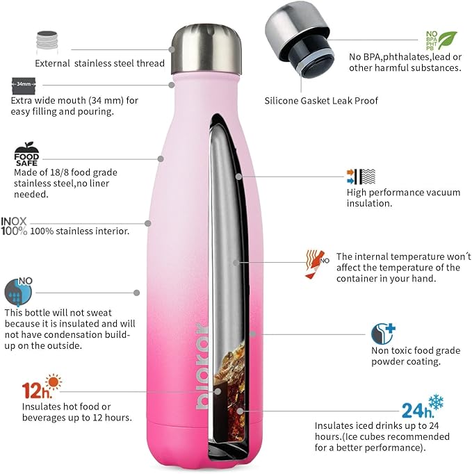 BJPKPK 17oz Insulated Stainless Steel Water Bottle Metal Water Bottles for Travel, Cherry Blossom