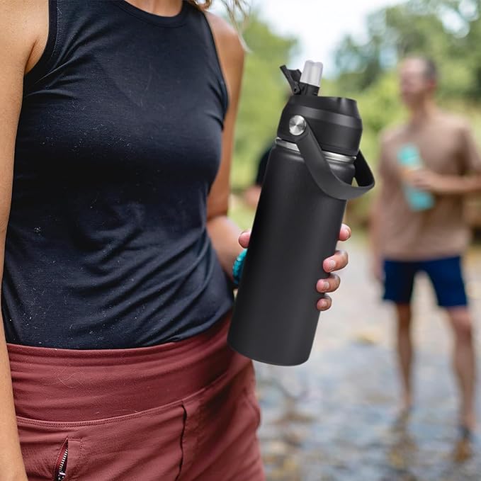 Fijinhom 18oz Insulated Stainless Steel Water Bottle, Wide Mouth Double Wall Vacuum, Silicone Straw, Sweat & Leak Proof, BPA Free Insulated Water Flask for Travel, Keep Cold 24h Hot 12h, Black
