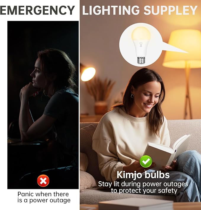 Kimjo Rechargeable Light Bulbs with Remote, Keep Lighting During Power Outage, 2600mAh Emergency Battery Operated Light Bulb with 3 Colors, Dimmable for Home, Camping, Tent (E26, with Hook),1 Pack