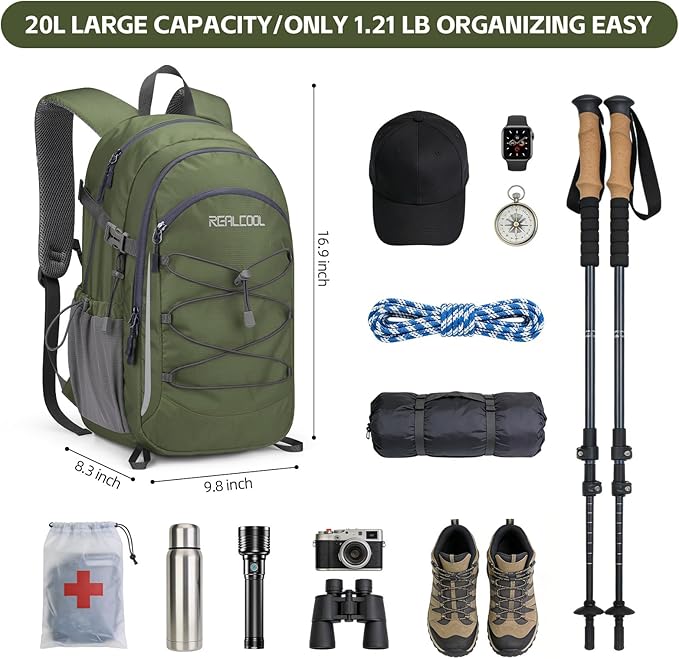 RealCool Hiking Backpack for Men Women,20L Lightweight Waterproof Travel Camping Backpack Hiking Daypack for Cycling Running,Army Green
