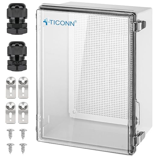 TICONN Outdoor Electrical Box Waterproof, Junction Box IP67 ABS Plastic Enclosure with Hinged Cover with Mounting Plate, Wall Brackets, Cable Glands (Clear, 13.8"x9.8"x5.9")