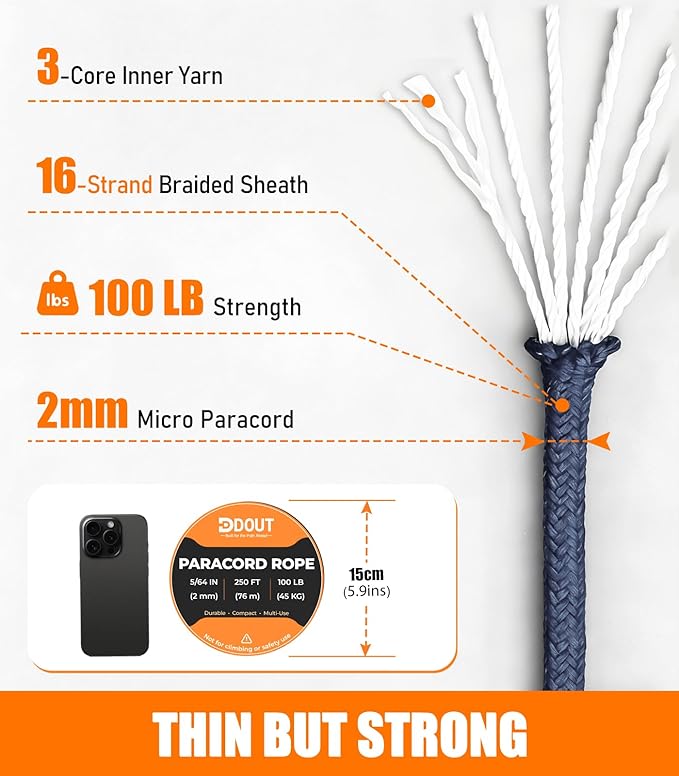 DDOUT 2mm Paracord 100lb, Thin Micro Paracord Rope, DKBlue 250FT Nylon Cord for Crafting, DIY Projects, Fishing, Camping & Outdoor