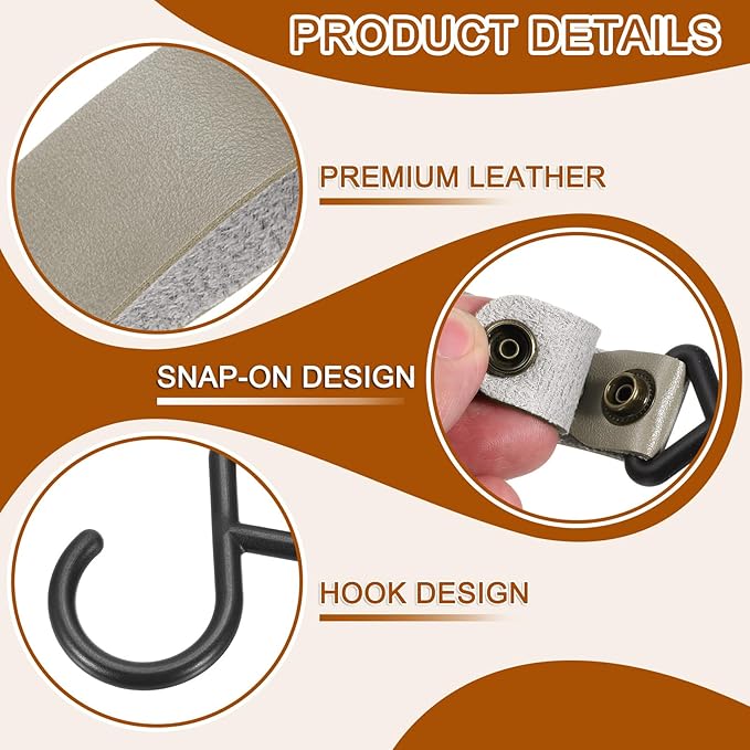 uxcell 5pcs PU Leather Hooks, Leather Straps with Hooks, S-Shape Hooks for Outdoor Camping Hanging Pots Pans Utensils Grey