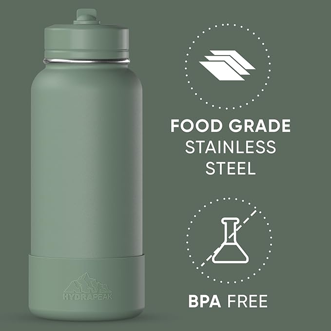 Hydrapeak 32oz Sport Insulated Water Bottle with Straw & Chug Lid, Leak & Spill Proof, Keeps Drinks Cold for 24 Hours, Hot for 12 Hours, Premium Stainless Steel Water Bottles (32oz, Sage Leaf)
