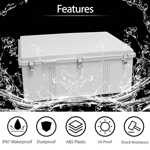 LeMotech Electrical Box, IP67 Waterproof Hinged Cover Stainless Steel Latch Junction Box, ABS Plastic Electrical Enclosure with Mounting Plate,Wall Brackets, Cable Glands,24.8"x20.8"x9.8",Grey
