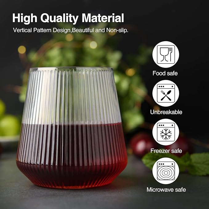hotder Stemless Wine Glasses Set of 4, 12 oz Tritan Unbreakable, Vertical Design, Dishwasher-Safe, Red Wine Glasses for Home, Party and Outdoors