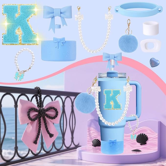 9pcs Stanley Cup Accessories Set- for 30oz 40oz Tumblers with Handle - Bule Kit Includes Bow Straw Topper and Boot, Charm, Pearl Handle Strap & Stickers - Aesthetic Girl Gifts (G)